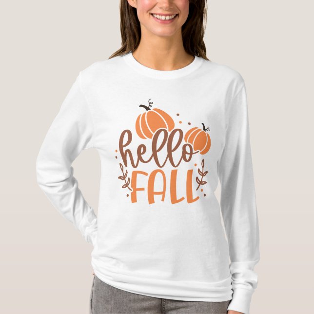 Hello Fall Pumpkin & Blätter Einfaches Herbst T-Shirt (Vorderseite)