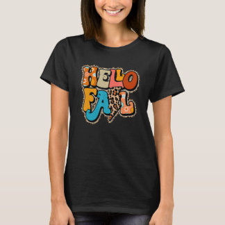 Hello Fall Retro Leopard Fall Vibes Happy Thanksgi T-Shirt