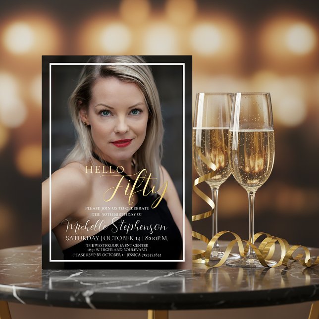 Hello Fifty 50th Birthday Party Custom Photo Folieneinladung (Von Creator hochgeladen)