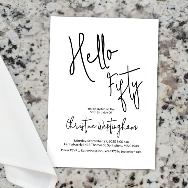 Hello Fifty Black White Script 50th Birthday Einladung (Von Creator hochgeladen)