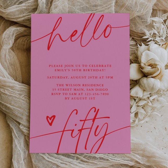 Hello Fifty, Typography Script 50th Birthday Party Einladung (Von Creator hochgeladen)