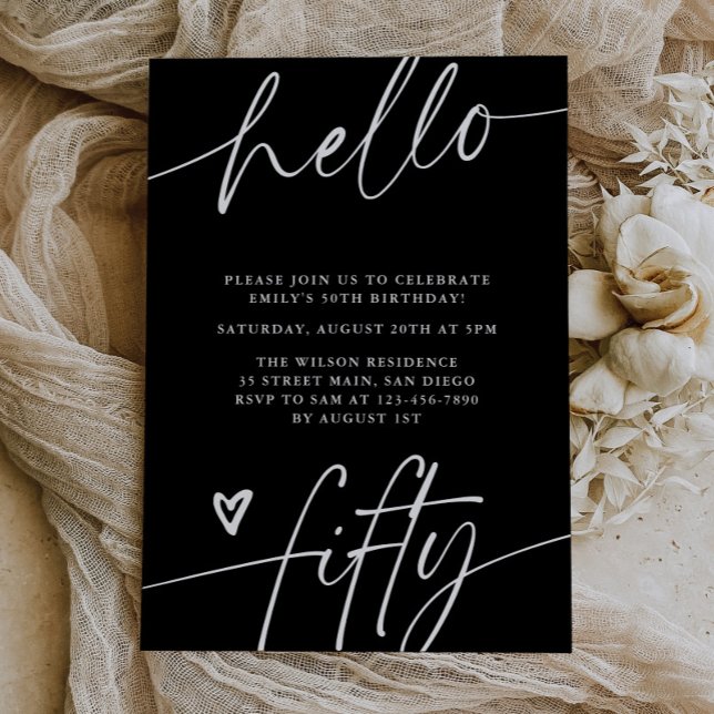 Hello Fifty, Typography Script 50th Birthday Party Einladung (Von Creator hochgeladen)