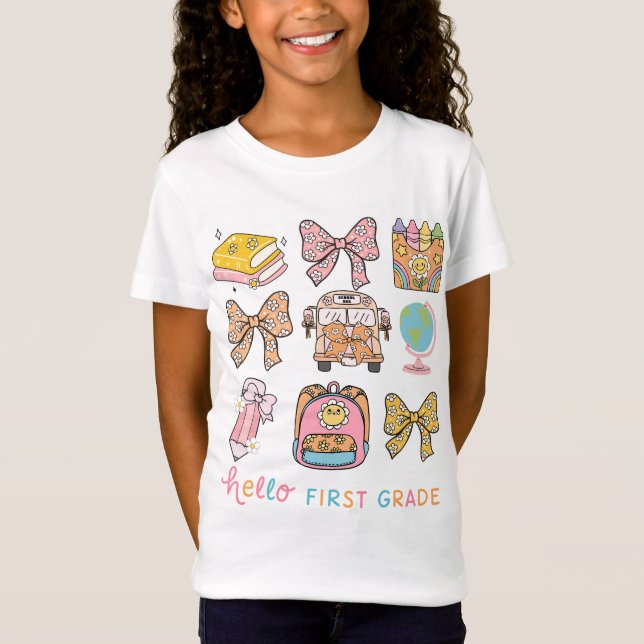 Hello First Grade Back To School Coquette Bow T-Shirt (Vorderseite)