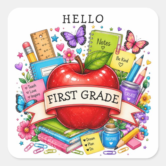 Hello First Grade Retro Apple Quadratischer Aufkleber (Vorderseite)