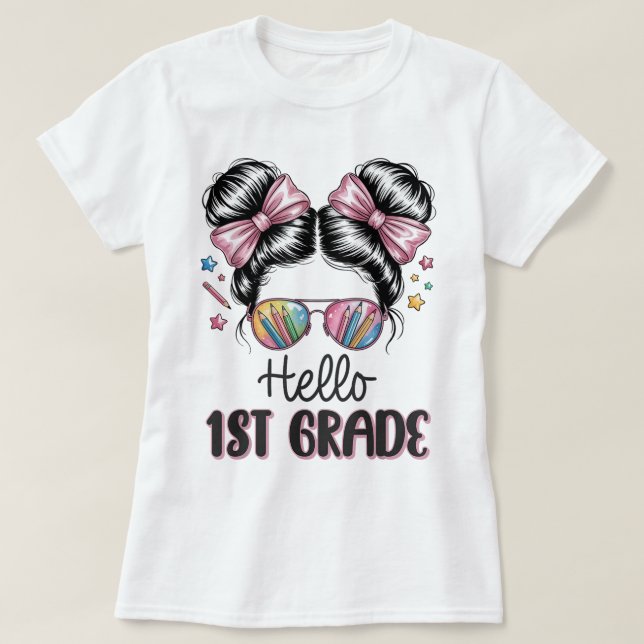 Hello First Grade Teacher Coquette Pencil Bow T-Shirt (Design vorne)