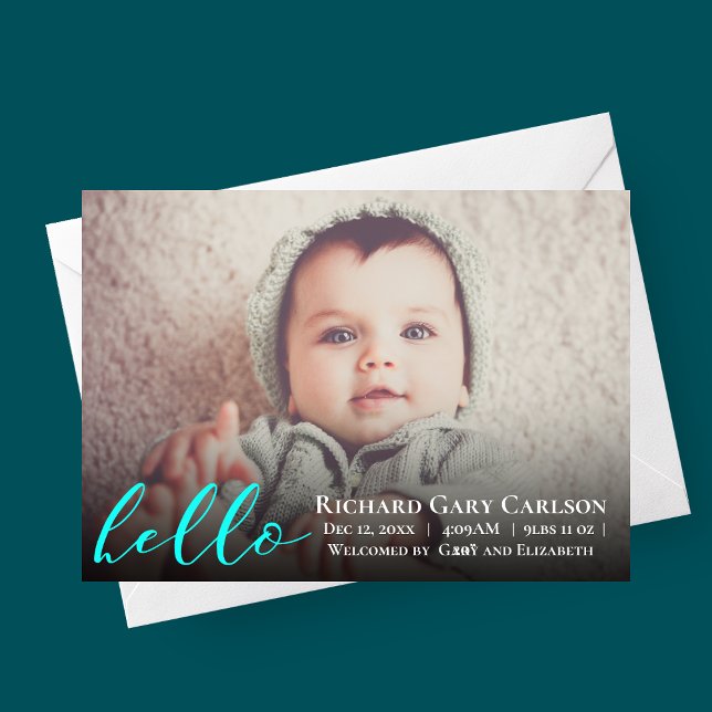 Hello Foto Baby Geburtserklärung Einladung (bright blue hello baby, photo birth announcement card)