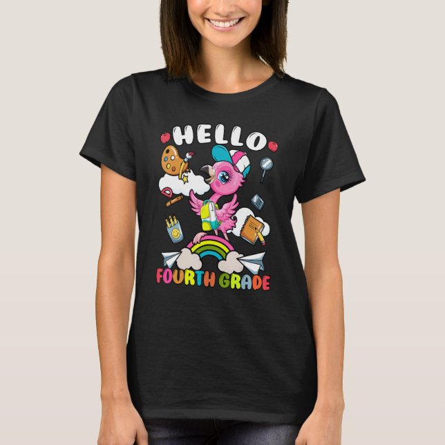 Hello Fourth Grade Flamingo Rainbow Niedlich Back  T-Shirt (Vorderseite)