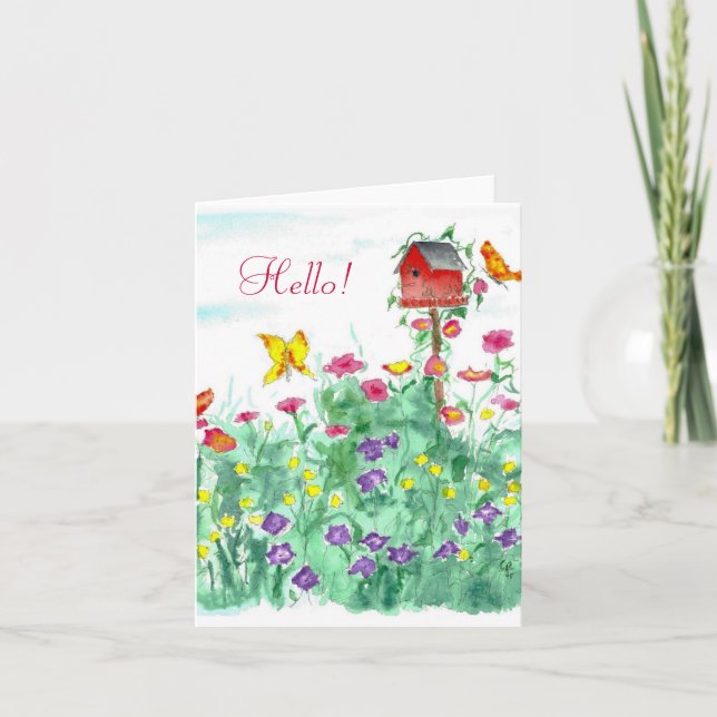 Hello Friend Red Birdhouse Butterfly Blume Karte (Vorderseite)