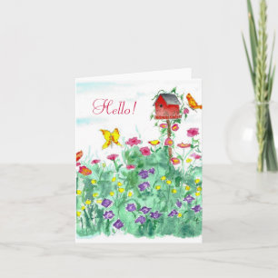 Hello Friend Red Birdhouse Butterfly Blume Karte