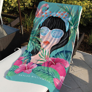 Hello Girl Beach Beauty Tropical Palm & Flamingo Strandtuch