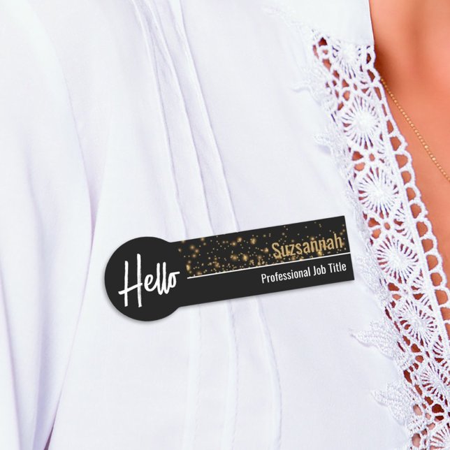 Hello Gold Bokeh Black & Gold Beruflich Namensschild (professional name tag)