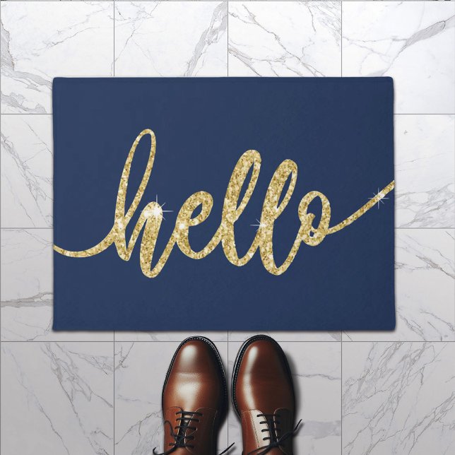 Hello Gold Typografie Minimalistisch Navy Blue Wil Fußmatte (Von Creator hochgeladen)
