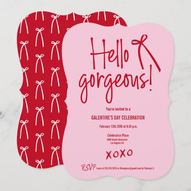Hello Gorgeous bow Galentine’s Day Red and Pink  Einladung (Vorne/Hinten)