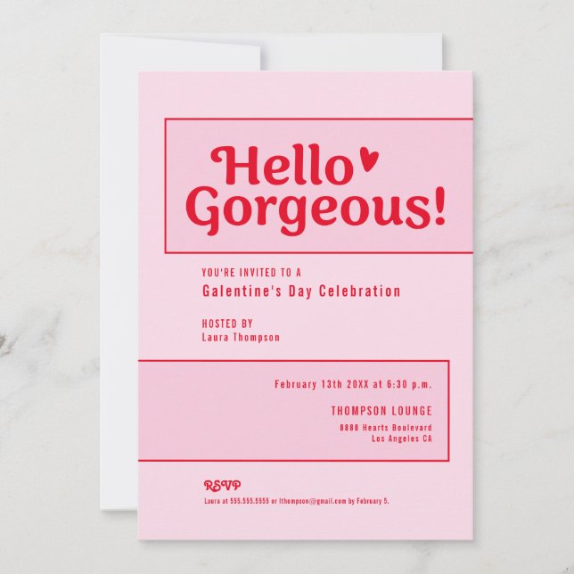 Hello Gorgeous Galentine’s Day Pink Red playful Einladung (Vorderseite)
