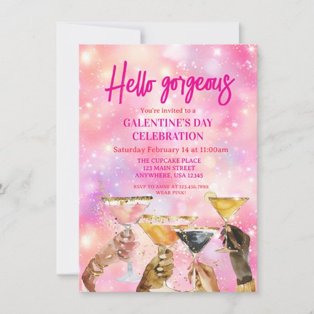 Hello Gorgeous Galentine's Day Glitter Pink Einladung (Vorderseite)