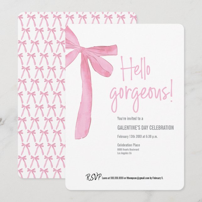 Hello Gorgeous Galentine's Day Pink Ribbon Bow Einladung (Vorne/Hinten)