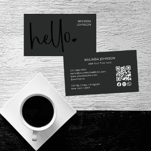 Hello Heart Deep Black Script QR Code Social Media Visitenkarte