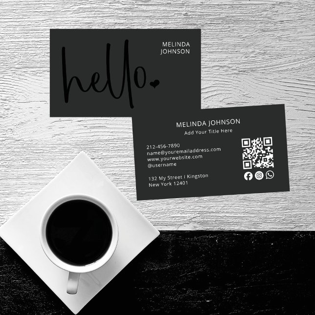Hello Heart Deep Black Script QR Code Social Media Visitenkarte (Von Creator hochgeladen)
