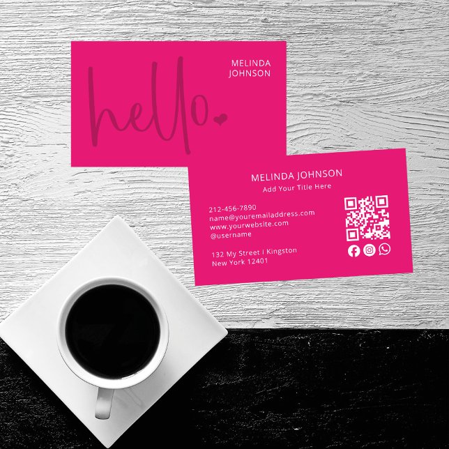 Hello Heart Hot Pink Script QR Code Social Media Visitenkarte (Von Creator hochgeladen)