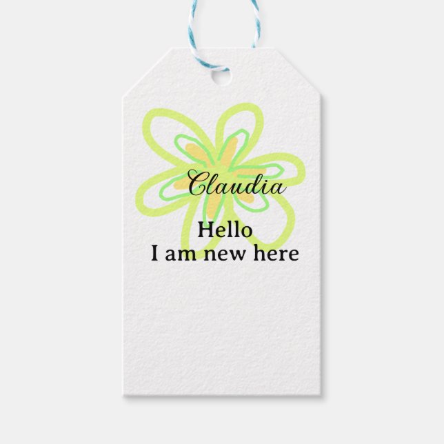Hello I am new here name yellow green flower kids Geschenkanhänger (Vorderseite)