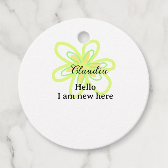 Hello I am new here name yellow green flower kids Geschenkanhänger (Vorderseite)