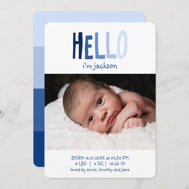 HELLO Ich bin Baby Name Foto Blue Palette Neugebor Ankündigung (Vorne/Hinten)