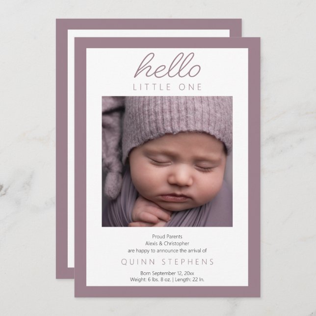 Hello Little One - 2 Foto Baby Lavender Birth Ankündigung (Vorne/Hinten)