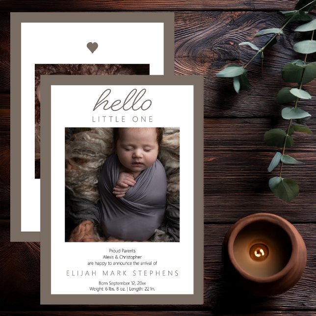 Hello Little One - 2 Foto Neutral Baby Birth Ankündigung ("Hello Little One" 2 Photo Baby Greige and White Neutral Birth Announcement)