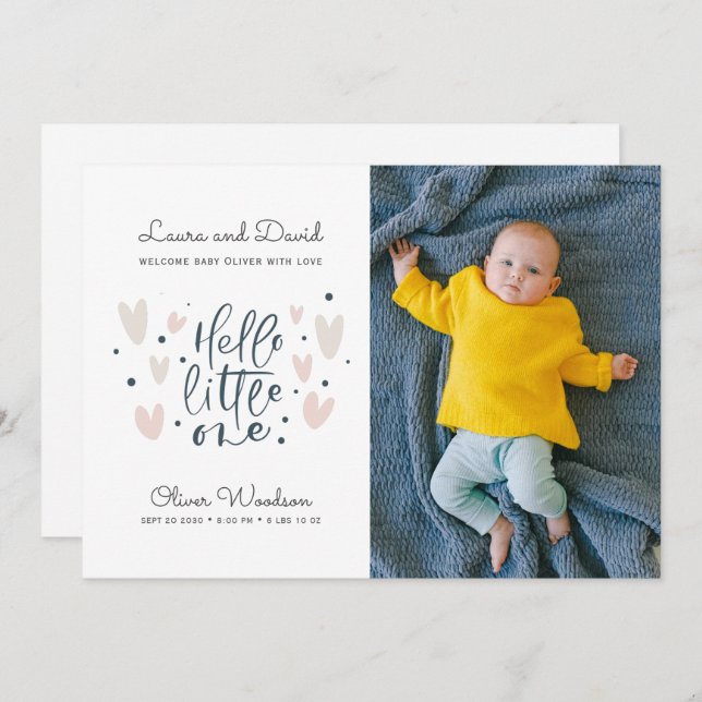 Hello Little One Blue Baby Boy Foto Birth Announc Ankündigung (Vorne/Hinten)