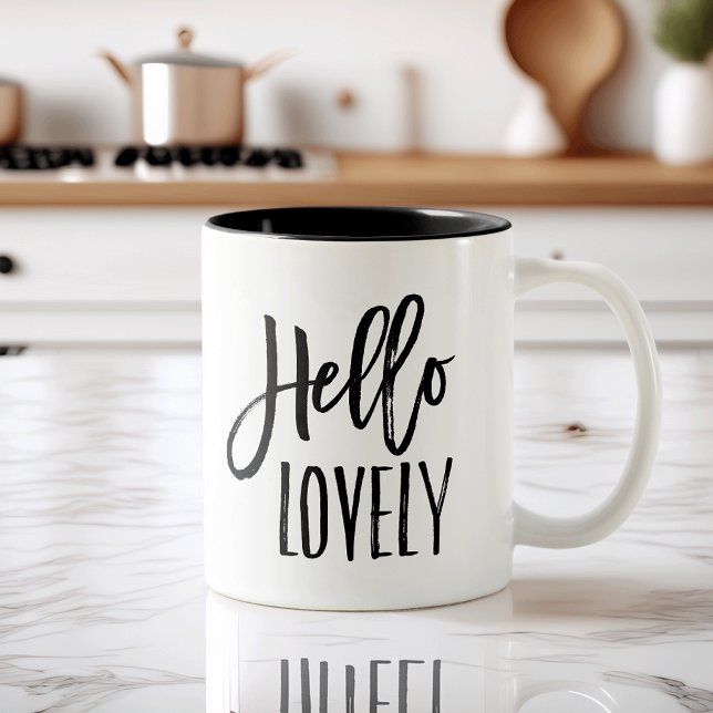 Hello Lovely | Chic Brush Lettered Typografie Zweifarbige Tasse (Von Creator hochgeladen)