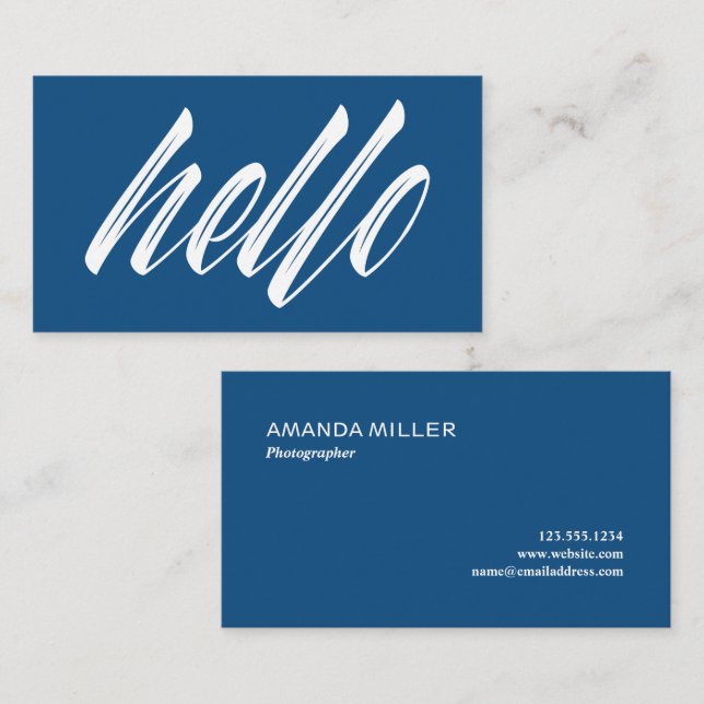 Hello Modern White Script auf Blue Visitenkarte (Vorne/Hinten)
