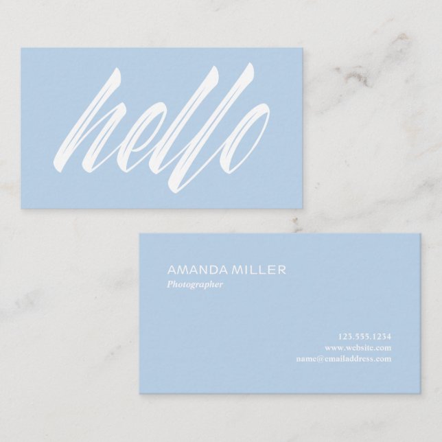 Hello Modern White Script auf Light Blue Visitenkarte (Vorne/Hinten)