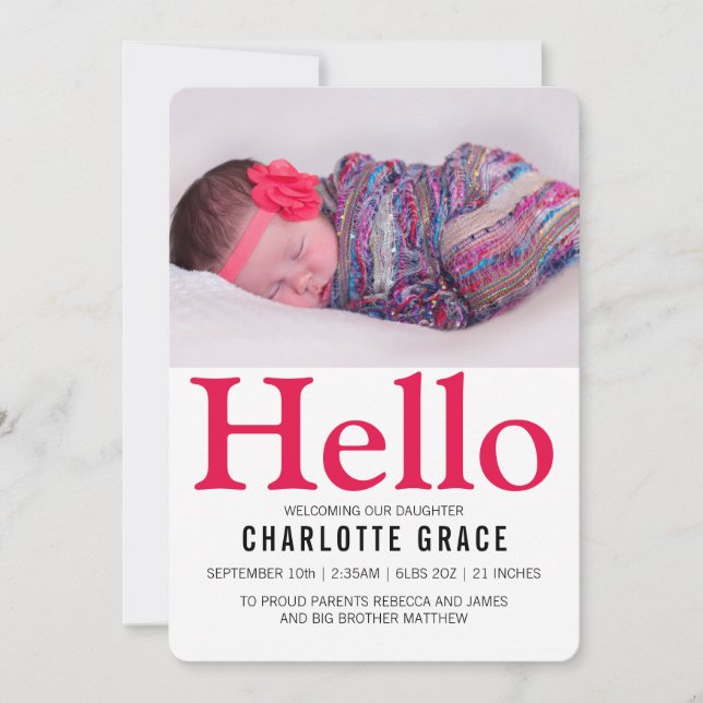 Hello New Baby Bright Pink Personalisiert Ankündigung (Vorderseite)