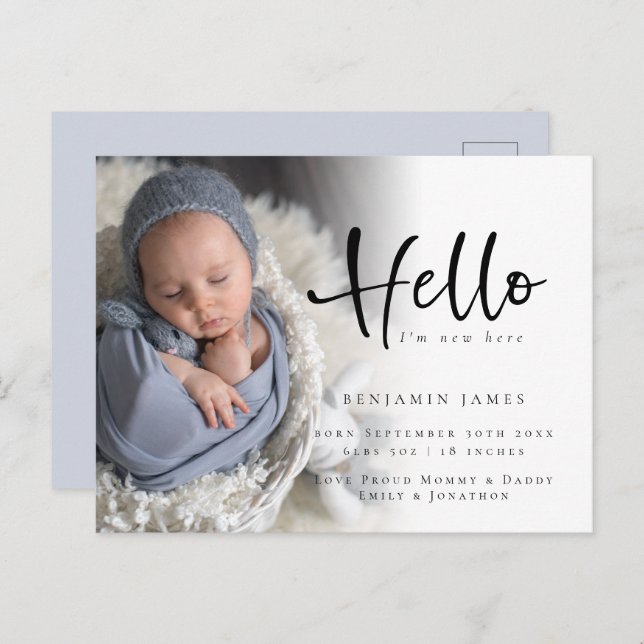 Hello New Baby Foto Blue Birth Ankündigung Postkarte (Vorne/Hinten)
