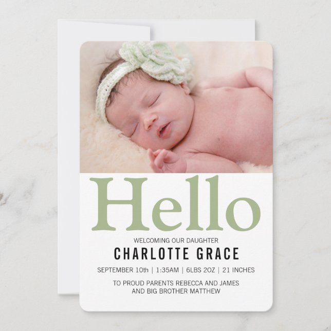 Hello New Baby Green Personalisiert Ankündigung (Vorderseite)