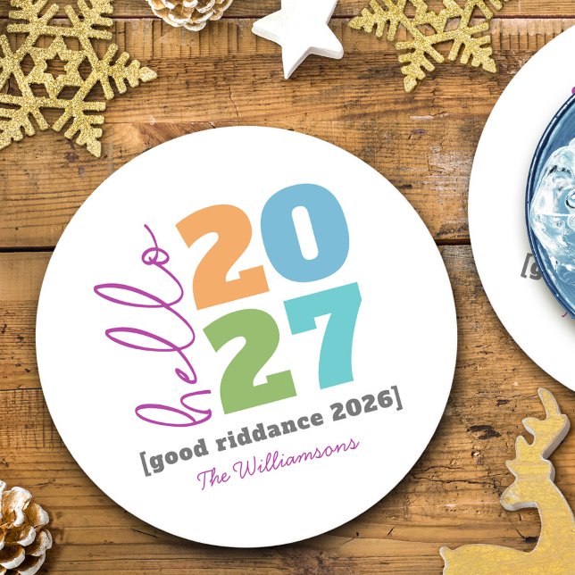 Hello New Year Bold Custom Year Name Spaß Runder Pappuntersetzer (Von Creator hochgeladen)