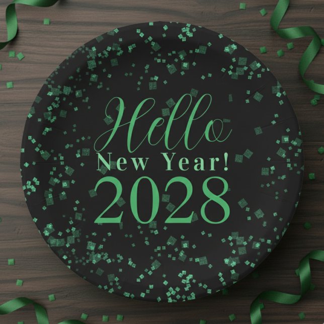 Hello New Year! New Year's Eve Green Black Sparkle Pappteller (Von Creator hochgeladen)