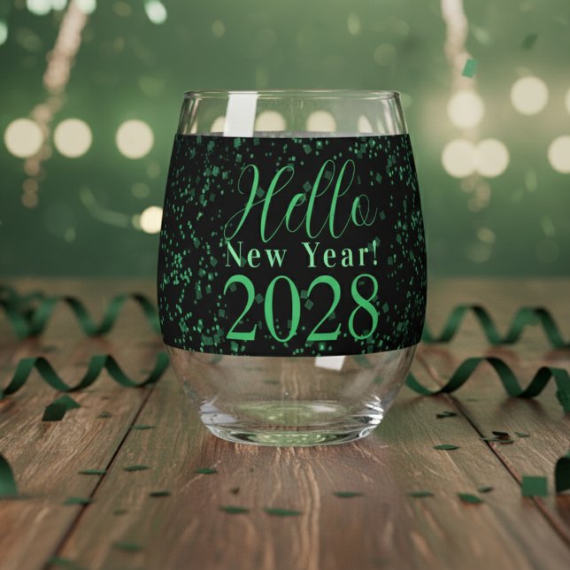 Hello New Year! New Year's Eve Green Black Sparkle Weinglas Ohne Stiel (Von Creator hochgeladen)