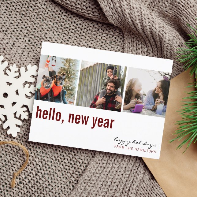 Hello New Year Simple Typografy Foto Maroon Postkarte (Von Creator hochgeladen)