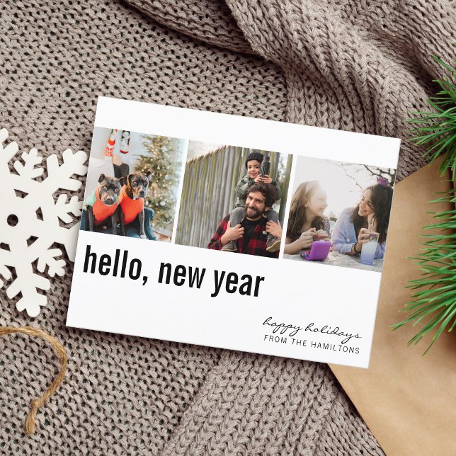 Hello New Year Simple Typografy Three Foto Postkarte (Von Creator hochgeladen)