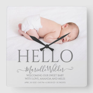 Hello Newborn Baby Photo Birth Quadratische Wanduhr
