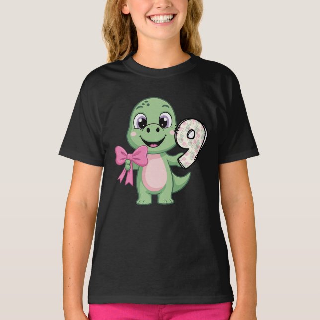Hello Nine Dinosaur Birthday Girl Coquette Bow T-Shirt (Vorderseite)