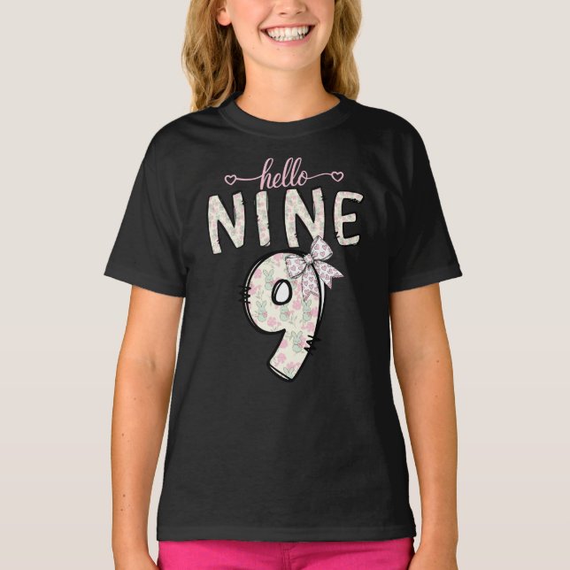 Hello Nine Pink 9th Birthday Girl Coquette Bow  T-Shirt (Vorderseite)