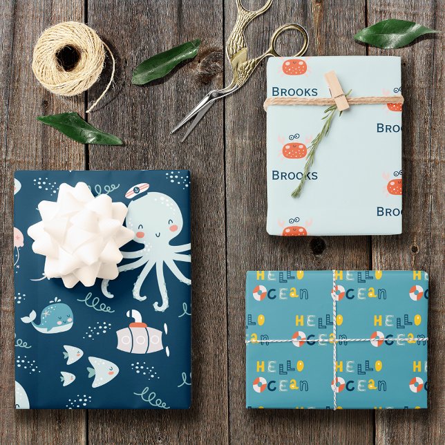 Hello Ocean Octopus and Fish Nautical Blue Kid Geschenkpapier Set (Von Creator hochgeladen)