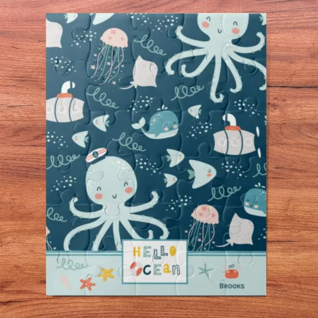 Hello Ocean Octopus and Fish Nautical Blue Kid Puzzle (Von Creator hochgeladen)