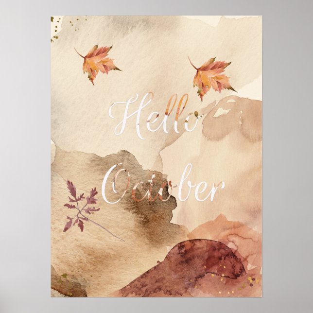 Hello October Watercolor Brown Maple Blätter Poster (Vorne)