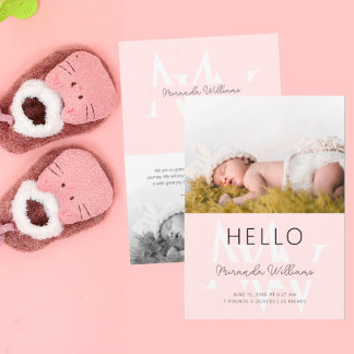 Hello Pink Monogram Foto Geburtserklärung Einladung