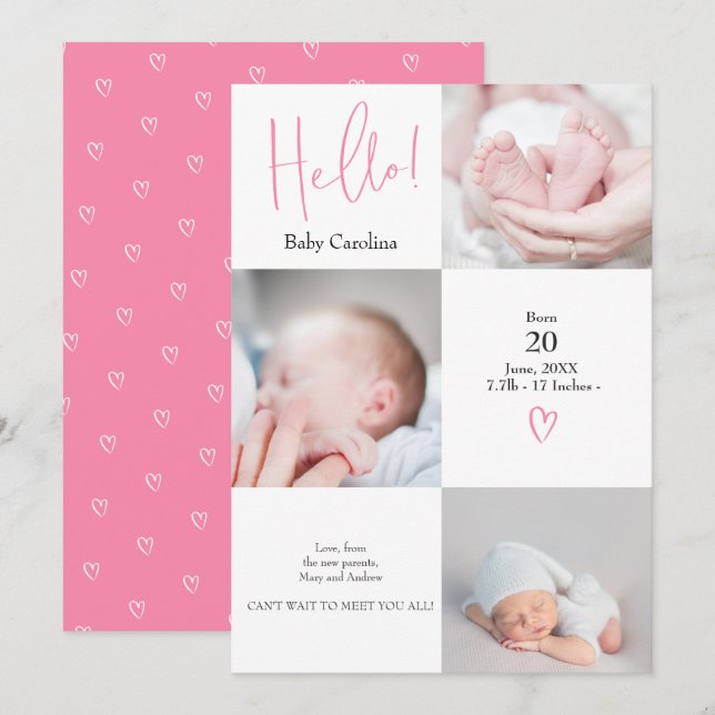 Hello pink weiß 3 Fotos Geburt Ankündigung (Vorne/Hinten)