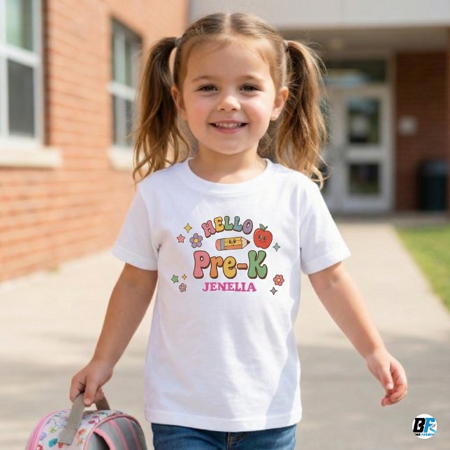 Hello Pre-K Retro Groovy Personalized Name Back To Baby T-shirt (Von Creator hochgeladen)