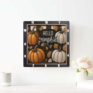 Hello Pumpkin Black Kariert Quadratische Wanduhr